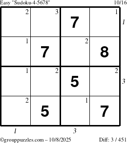 The grouppuzzles.com Easy Sudoku-4-5678 puzzle for Wednesday October 8, 2025, suitable for printing, with all 3 steps marked