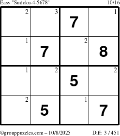 The grouppuzzles.com Easy Sudoku-4-5678 puzzle for Wednesday October 8, 2025 with the first 3 steps marked