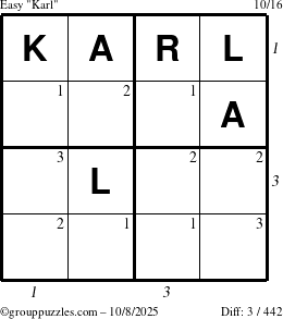 The grouppuzzles.com Easy Karl puzzle for Wednesday October 8, 2025, suitable for printing, with all 3 steps marked