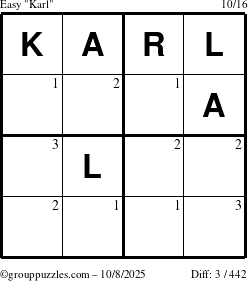 The grouppuzzles.com Easy Karl puzzle for Wednesday October 8, 2025 with the first 3 steps marked
