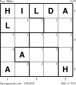 The grouppuzzles.com Easy Hilda puzzle for Wednesday October 8, 2025, suitable for printing, with all 4 steps marked
