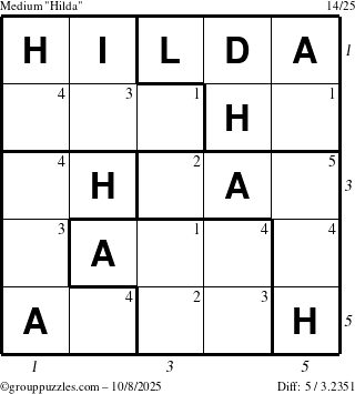The grouppuzzles.com Medium Hilda puzzle for Wednesday October 8, 2025, suitable for printing, with all 5 steps marked