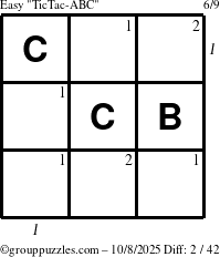 The grouppuzzles.com Easy TicTac-ABC puzzle for Wednesday October 8, 2025, suitable for printing, with all 2 steps marked