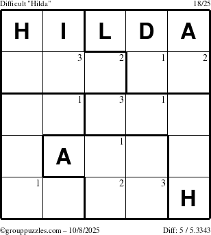 The grouppuzzles.com Difficult Hilda puzzle for Wednesday October 8, 2025 with the first 3 steps marked