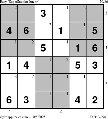 The grouppuzzles.com Easy SuperSudoku-Junior puzzle for Wednesday October 8, 2025, suitable for printing, with all 3 steps marked
