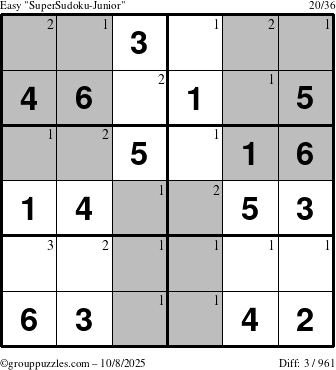 The grouppuzzles.com Easy SuperSudoku-Junior puzzle for Wednesday October 8, 2025 with the first 3 steps marked