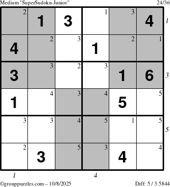 The grouppuzzles.com Medium SuperSudoku-Junior puzzle for Wednesday October 8, 2025, suitable for printing, with all 5 steps marked