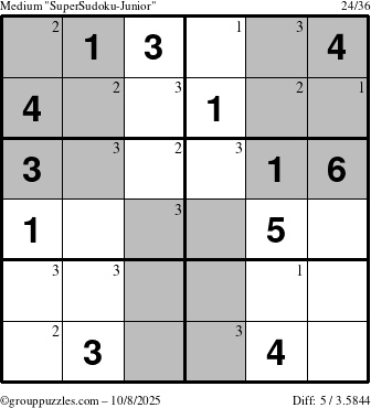 The grouppuzzles.com Medium SuperSudoku-Junior puzzle for Wednesday October 8, 2025 with the first 3 steps marked