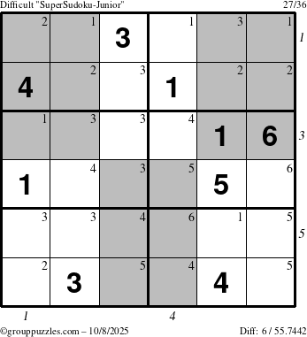 The grouppuzzles.com Difficult SuperSudoku-Junior puzzle for Wednesday October 8, 2025 with all 6 steps marked