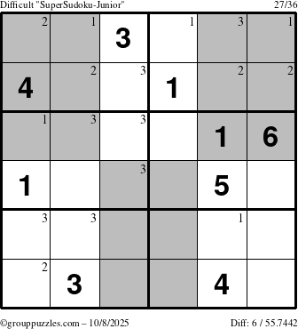 The grouppuzzles.com Difficult SuperSudoku-Junior puzzle for Wednesday October 8, 2025 with the first 3 steps marked