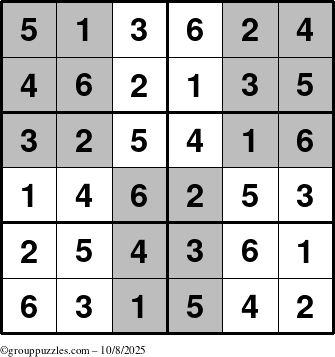 The grouppuzzles.com Answer grid for the SuperSudoku-Junior puzzle for Wednesday October 8, 2025