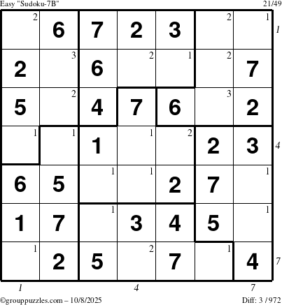 The grouppuzzles.com Easy Sudoku-7B puzzle for Wednesday October 8, 2025, suitable for printing, with all 3 steps marked
