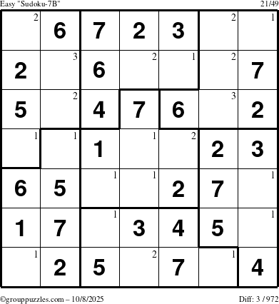 The grouppuzzles.com Easy Sudoku-7B puzzle for Wednesday October 8, 2025 with the first 3 steps marked
