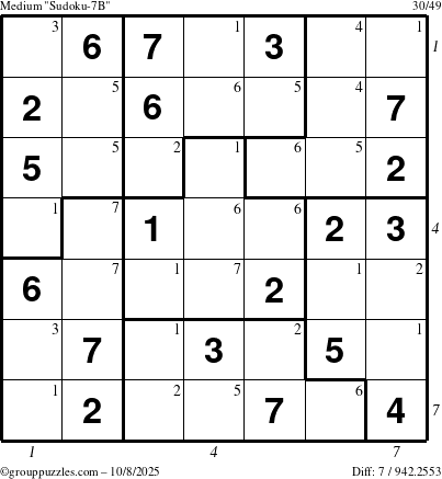 The grouppuzzles.com Medium Sudoku-7B puzzle for Wednesday October 8, 2025, suitable for printing, with all 7 steps marked
