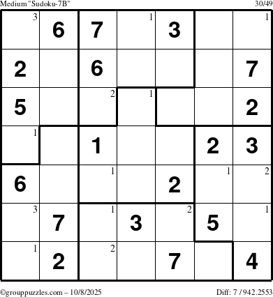 The grouppuzzles.com Medium Sudoku-7B puzzle for Wednesday October 8, 2025 with the first 3 steps marked