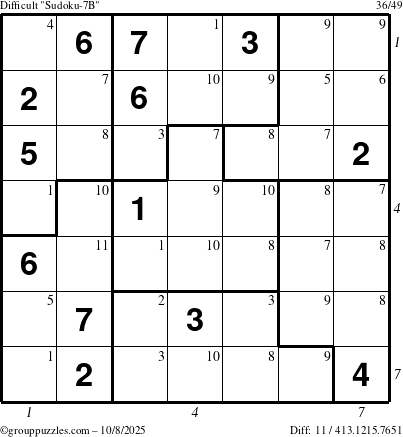 The grouppuzzles.com Difficult Sudoku-7B puzzle for Wednesday October 8, 2025 with all 11 steps marked