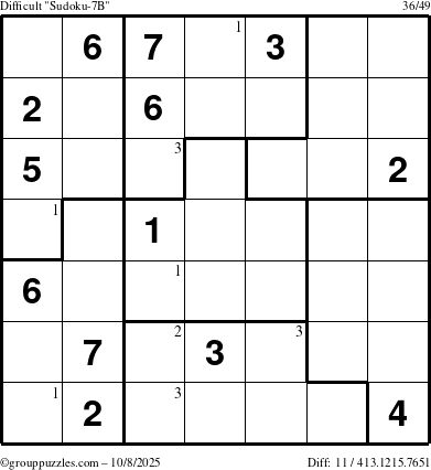 The grouppuzzles.com Difficult Sudoku-7B puzzle for Wednesday October 8, 2025 with the first 3 steps marked