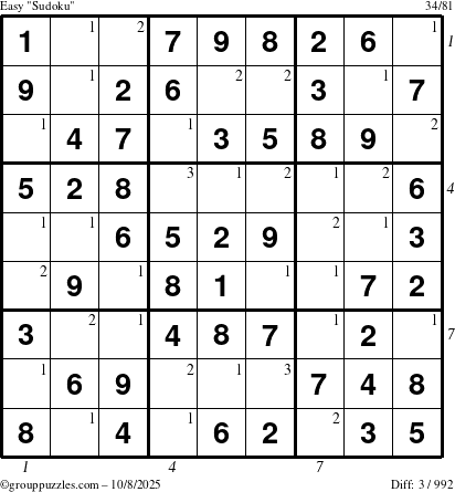 The grouppuzzles.com Easy Sudoku puzzle for Wednesday October 8, 2025 with all 3 steps marked