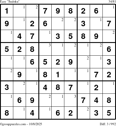 The grouppuzzles.com Easy Sudoku puzzle for Wednesday October 8, 2025 with the first 3 steps marked