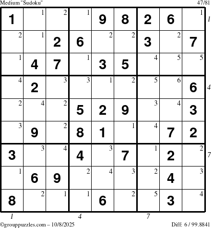 The grouppuzzles.com Medium Sudoku puzzle for Wednesday October 8, 2025 with all 6 steps marked