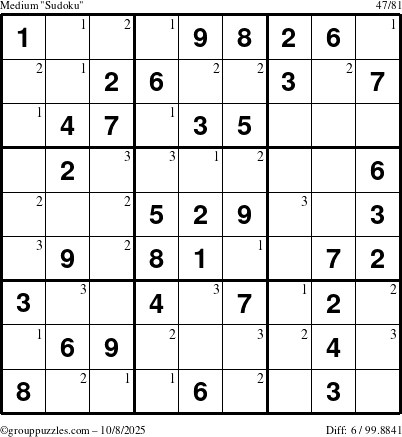 The grouppuzzles.com Medium Sudoku puzzle for Wednesday October 8, 2025 with the first 3 steps marked