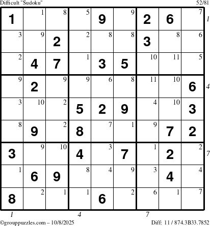 The grouppuzzles.com Difficult Sudoku puzzle for Wednesday October 8, 2025 with all 11 steps marked