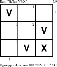 The grouppuzzles.com Easy TicTac-VWX puzzle for Wednesday October 8, 2025 with all 2 steps marked