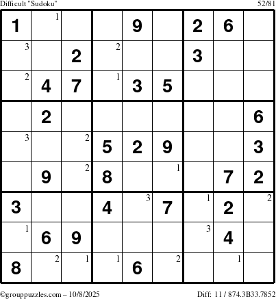 The grouppuzzles.com Difficult Sudoku puzzle for Wednesday October 8, 2025 with the first 3 steps marked
