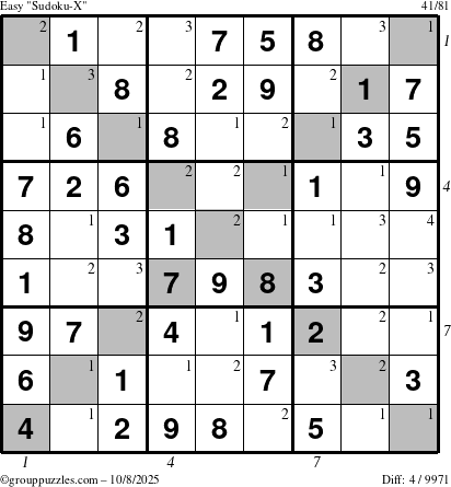 The grouppuzzles.com Easy Sudoku-X puzzle for Wednesday October 8, 2025 with all 4 steps marked