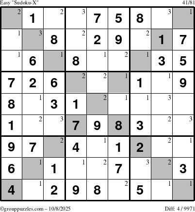 The grouppuzzles.com Easy Sudoku-X puzzle for Wednesday October 8, 2025 with the first 3 steps marked