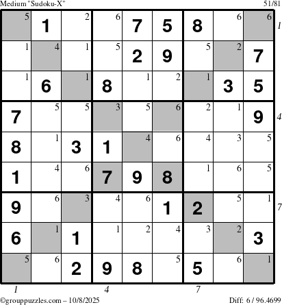 The grouppuzzles.com Medium Sudoku-X puzzle for Wednesday October 8, 2025 with all 6 steps marked
