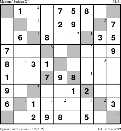 The grouppuzzles.com Medium Sudoku-X puzzle for Wednesday October 8, 2025 with the first 3 steps marked