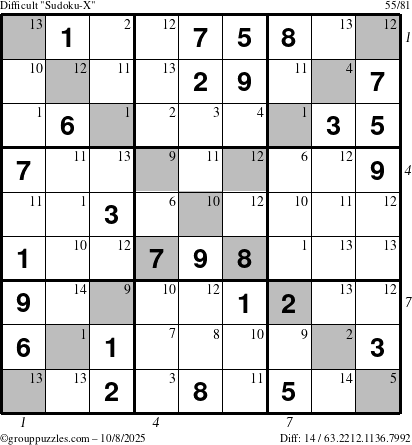 The grouppuzzles.com Difficult Sudoku-X puzzle for Wednesday October 8, 2025 with all 14 steps marked