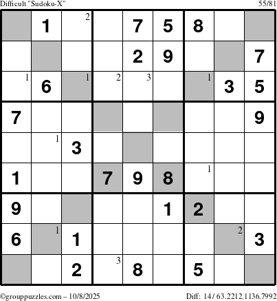 The grouppuzzles.com Difficult Sudoku-X puzzle for Wednesday October 8, 2025 with the first 3 steps marked