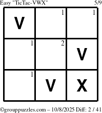 The grouppuzzles.com Easy TicTac-VWX puzzle for Wednesday October 8, 2025 with the first 2 steps marked