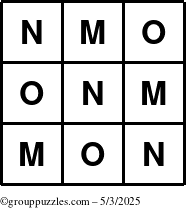 The grouppuzzles.com Answer grid for the TicTac-MNO puzzle for Saturday May 3, 2025