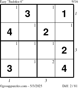 The grouppuzzles.com Easy Sudoku-4 puzzle for Saturday May 3, 2025 with all 2 steps marked