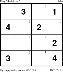 The grouppuzzles.com Easy Sudoku-4 puzzle for Saturday May 3, 2025 with the first 2 steps marked
