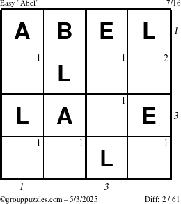 The grouppuzzles.com Easy Abel puzzle for Saturday May 3, 2025 with all 2 steps marked