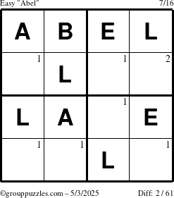 The grouppuzzles.com Easy Abel puzzle for Saturday May 3, 2025 with the first 2 steps marked
