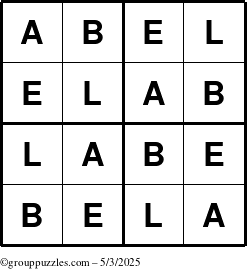 The grouppuzzles.com Answer grid for the Abel puzzle for Saturday May 3, 2025