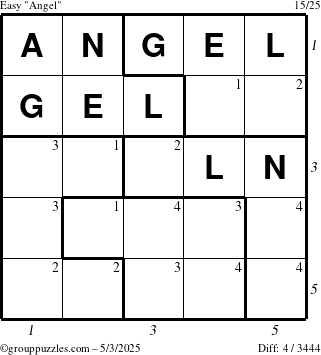 The grouppuzzles.com Easy Angel puzzle for Saturday May 3, 2025 with all 4 steps marked