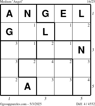 The grouppuzzles.com Medium Angel puzzle for Saturday May 3, 2025 with all 4 steps marked