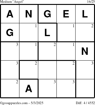 The grouppuzzles.com Medium Angel puzzle for Saturday May 3, 2025 with the first 3 steps marked