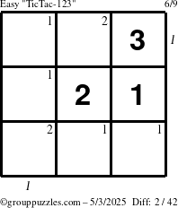The grouppuzzles.com Easy TicTac-123 puzzle for Saturday May 3, 2025, suitable for printing, with all 2 steps marked