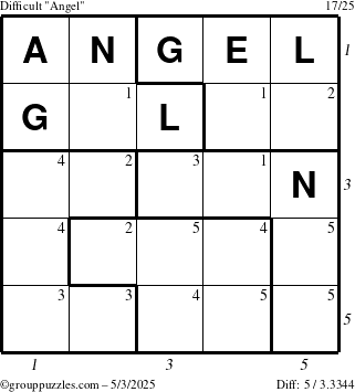 The grouppuzzles.com Difficult Angel puzzle for Saturday May 3, 2025 with all 5 steps marked