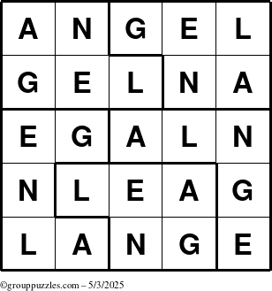 The grouppuzzles.com Answer grid for the Angel puzzle for Saturday May 3, 2025