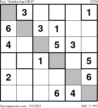 The grouppuzzles.com Easy Sudoku-6up-UR-D puzzle for Saturday May 3, 2025