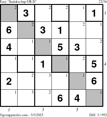 The grouppuzzles.com Easy Sudoku-6up-UR-D puzzle for Saturday May 3, 2025 with all 3 steps marked