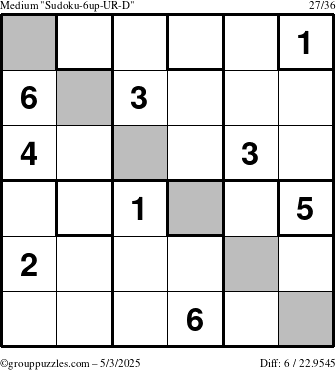The grouppuzzles.com Medium Sudoku-6up-UR-D puzzle for Saturday May 3, 2025